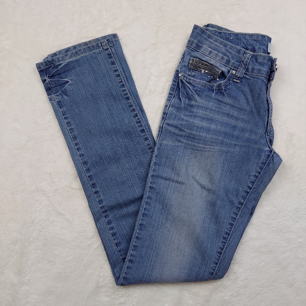 S 100% Jeans Low Rise Slim Straight Sequin Embellished Blue Jeans Size 28